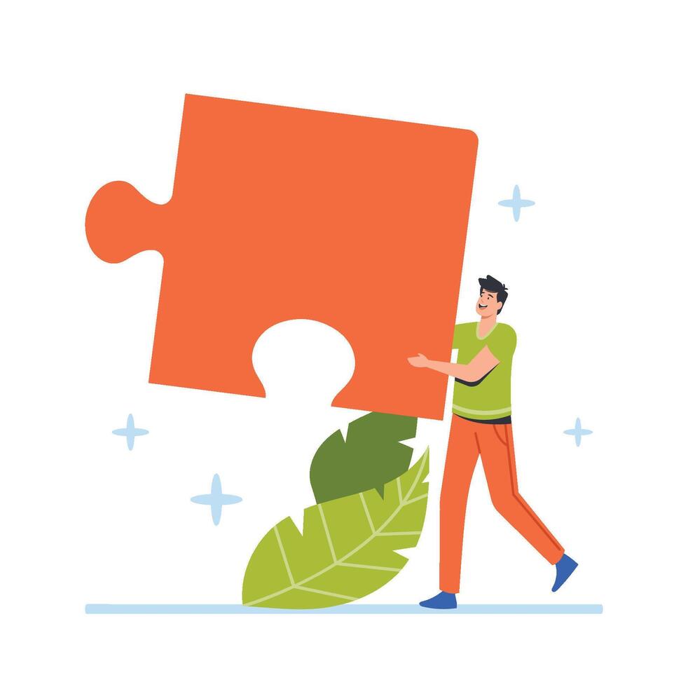 Business Solution, Compromise and Problem Solving Concept. Man Carry Huge Jigsaw Puzzle Piece. Businessman Part of Team Company Community, Shared Workload. Cartoon Illustration vector