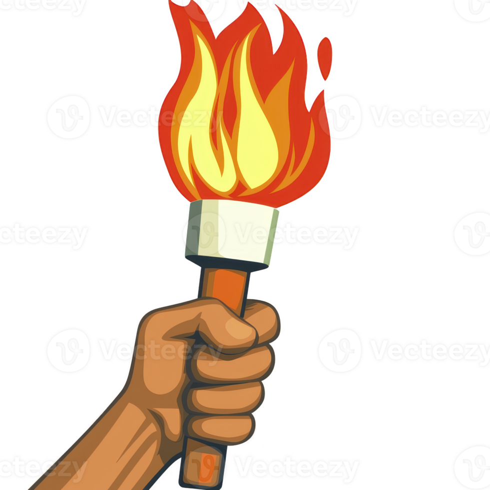 Hand holds flaming torch, symbolizing light, hope, and inspiration. vibrant flames dance above torch, creating powerful visual representation of passion and determination png