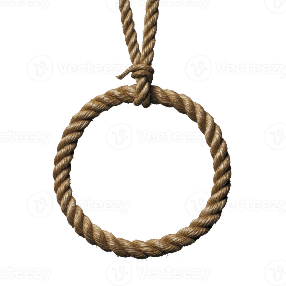 Circular rope loop hangs gracefully, showcasing its twisted texture and natural fibers. warm tones of rope create rustic and inviting feel, perfect for various decorative or practical uses png