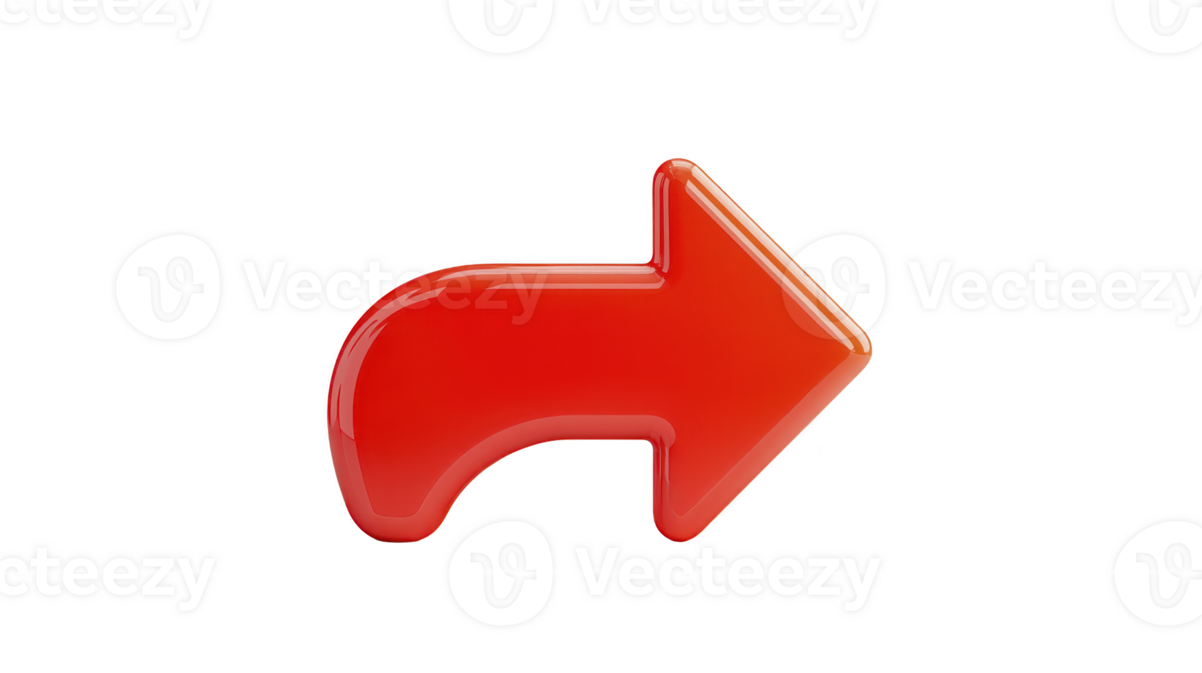 Red arrow curved glossy 3D isolated right direction symbol navigation pointer icon modern simple digital graphic design bold shiny bright attention direction sign element web interface png