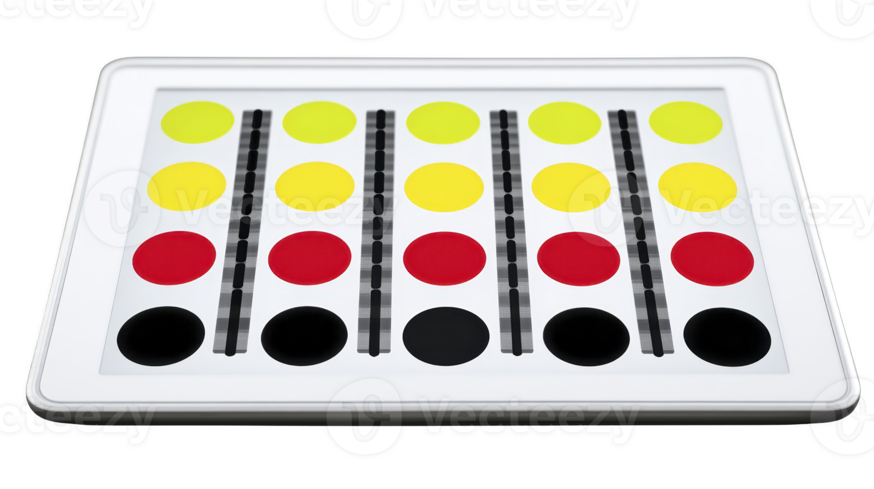 Colorful round tokens in yellow, red, and black arranged in rows on white rectangular board with black striped dividers, creating playful and organized pattern png