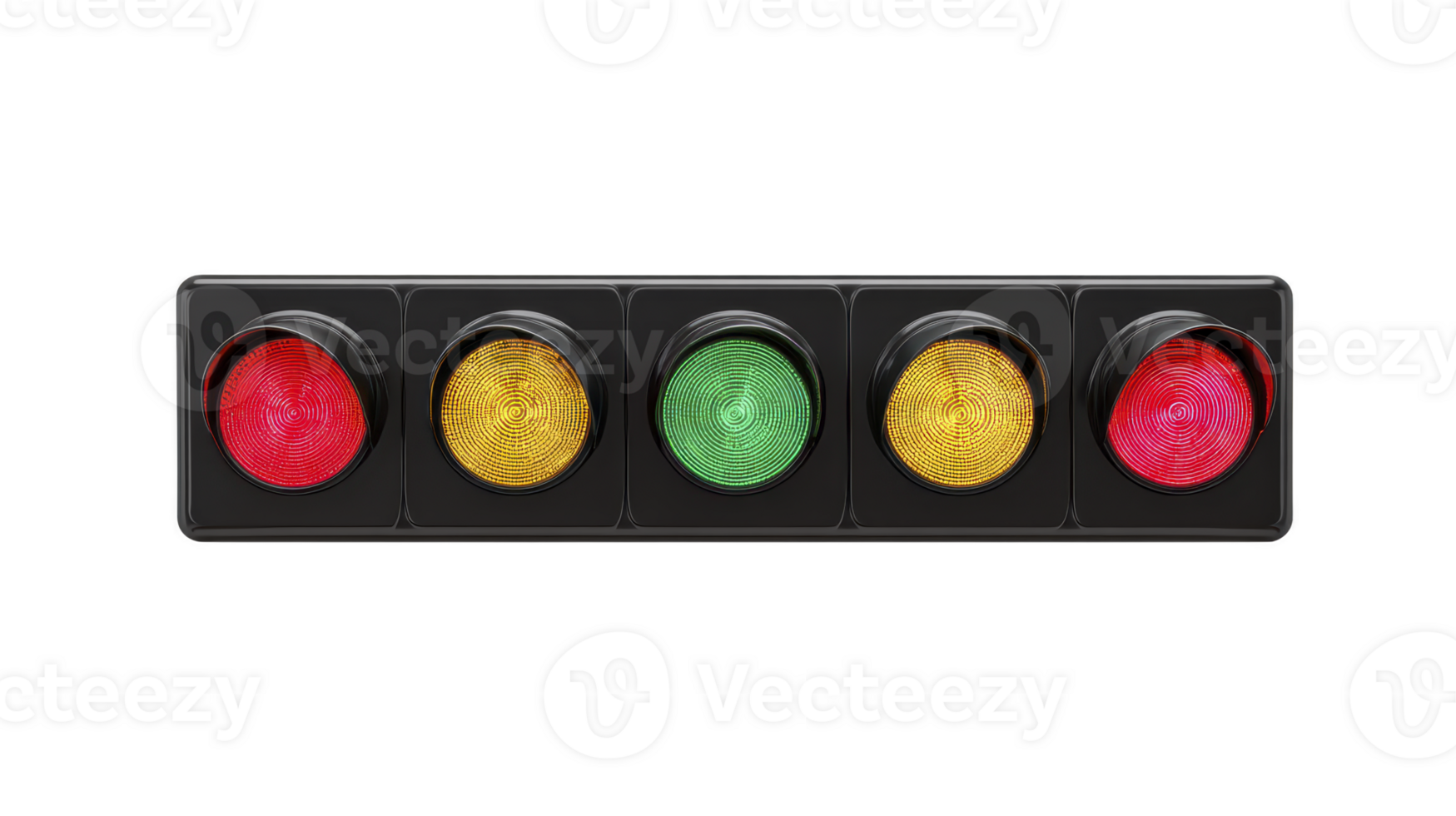 Red yellow green and amber traffic lights in horizontal row isolated on transparent background symbolizing stop caution and go signals with modern design png