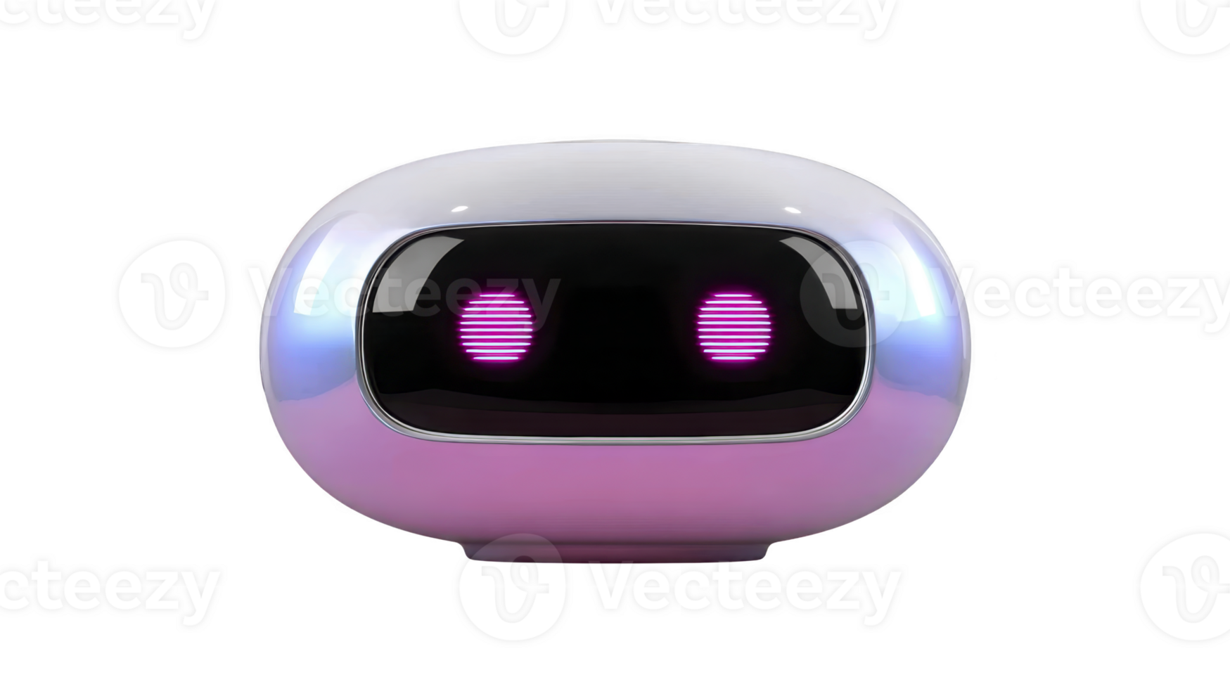Futuristic robot head with glowing pink eyes, smooth metallic surface, and rounded shape, isolated on transparent background, evokes friendly and modern technology vibes png