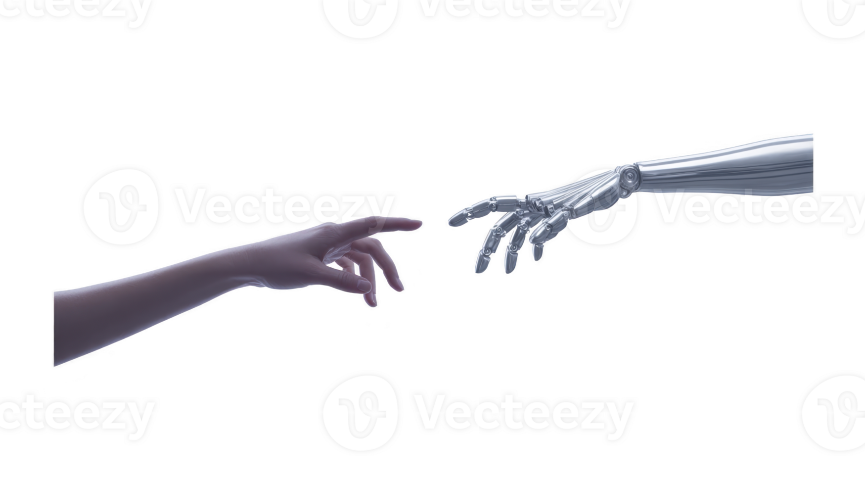 Human hand reaching towards robotic hand, symbolizing connection, technology, innovation, and future of artificial intelligence, with sense of curiosity and hope png