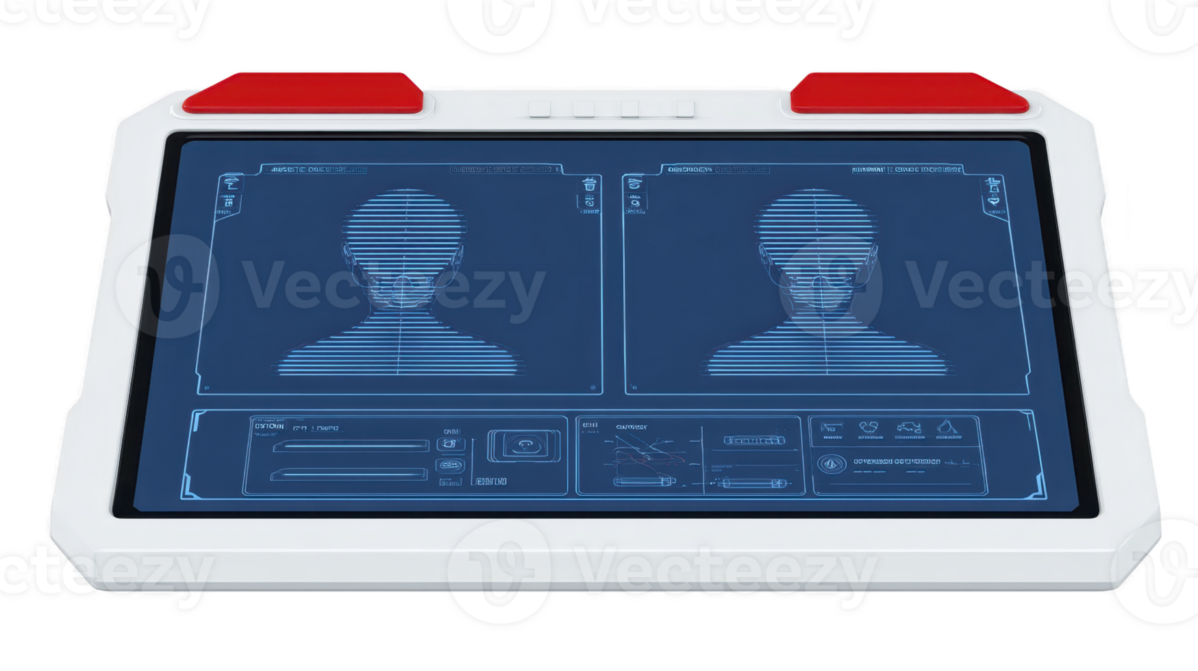 Futuristic tablet device with blue digital interface, displaying two human profiles, biometric data, and sci fi design, evokes advanced technology and innovation png