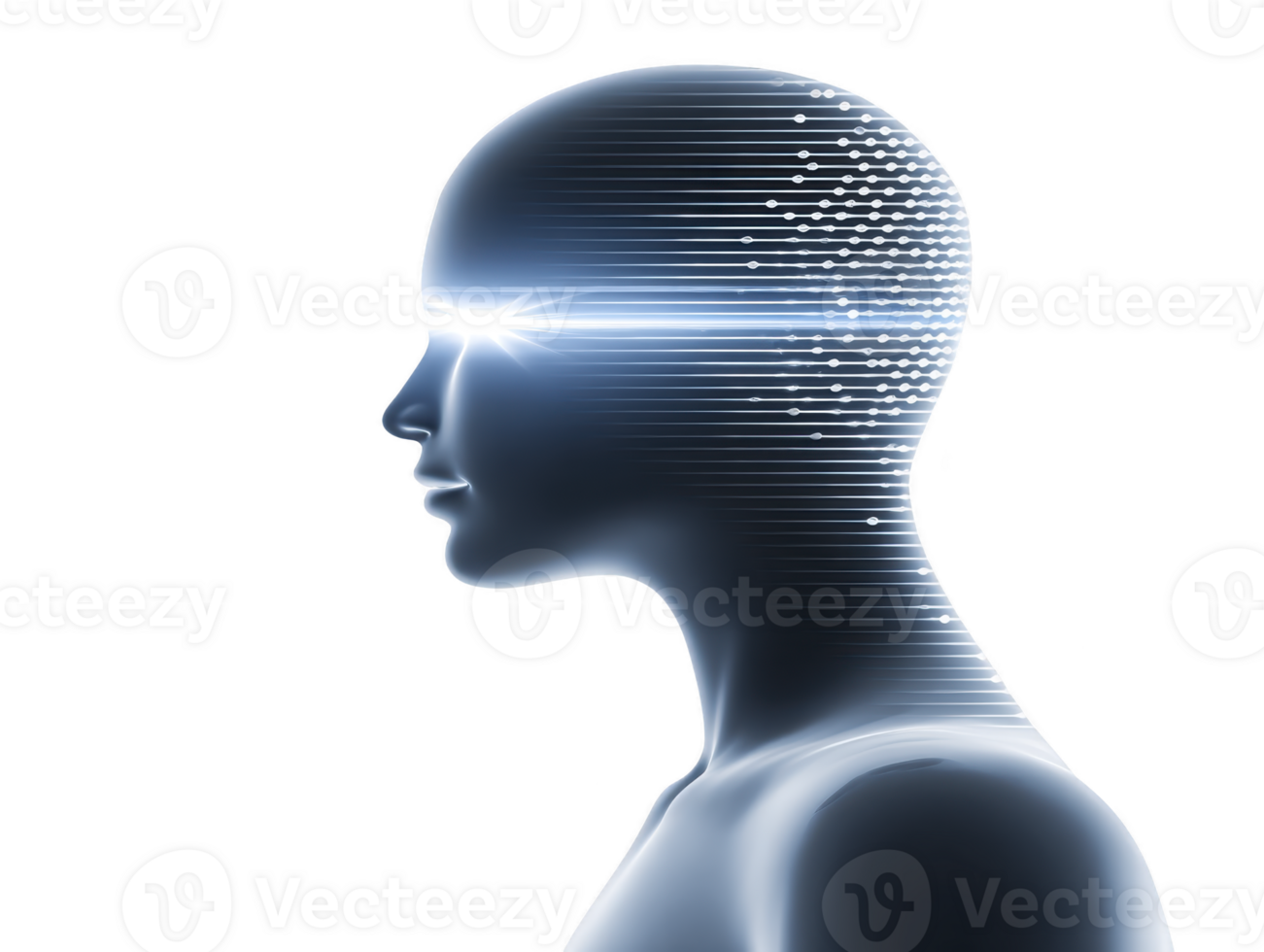 Futuristic human head profile with glowing eyes, digital lines, and abstract technology elements, symbolizing artificial intelligence, innovation, and advanced thinking png
