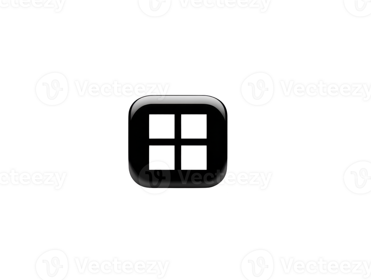 Glossy black square icon with four grid windows, modern minimal style, isolated on transparent background, suitable for user interface or app button design png