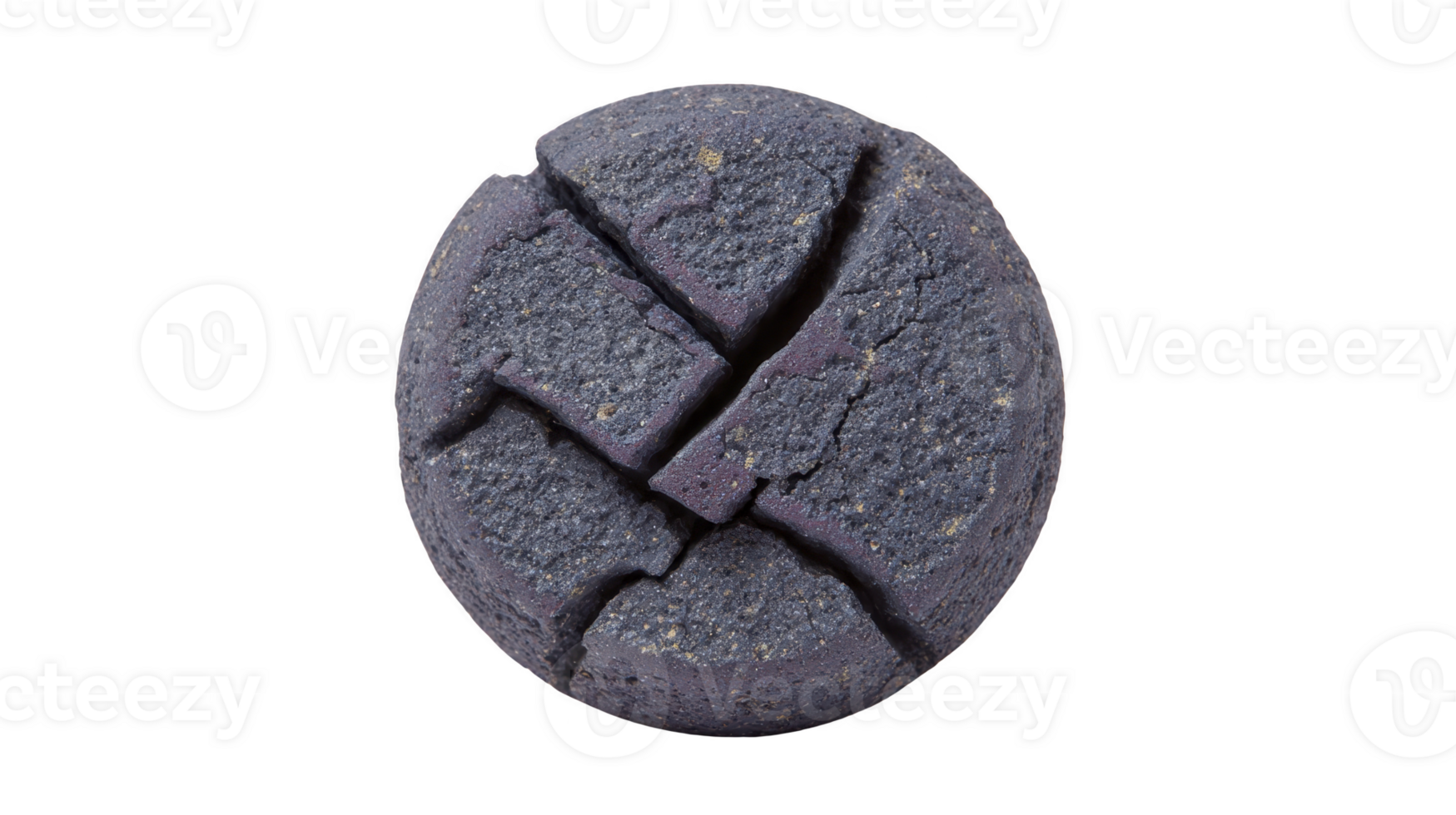 Cracked round purple cookie with rough texture, isolated on transparency background, showing unique pattern and rustic appearance, perfect for bakery or dessert concepts png