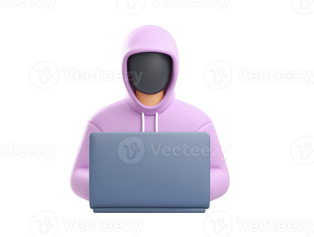 incappucciato figura con senza volto maschera Lavorando su computer portatile, simboleggiante anonimo pirata, sicurezza informatica minaccia, o in linea vita privata nel digitale ambiente, misterioso e riservato umore png