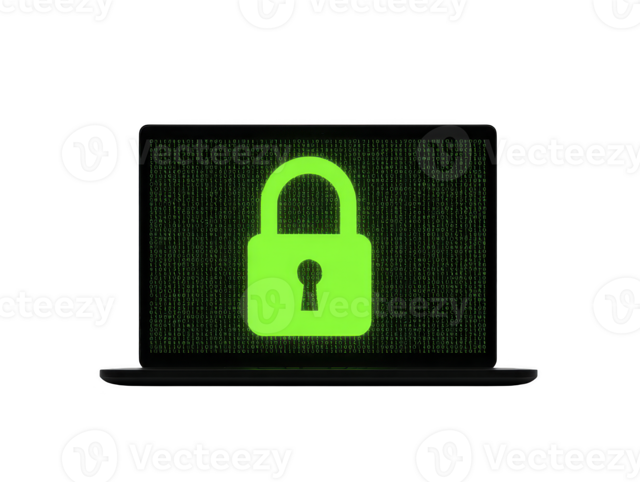 Green padlock icon on laptop screen symbolizing cybersecurity data protection privacy secure connection and internet safety with digital matrix background for modern secure technology concept png