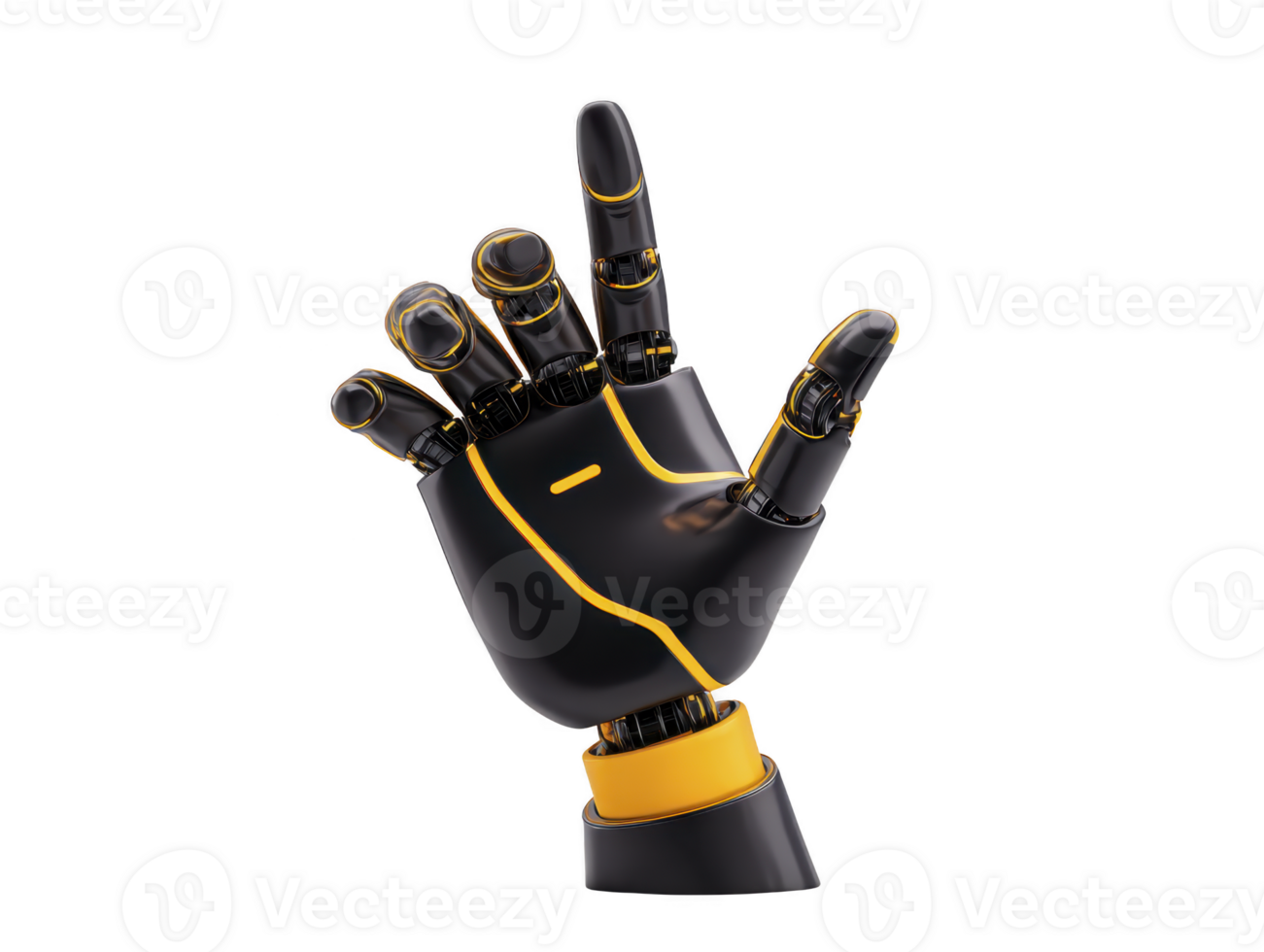 Robotic hand with black and yellow design showing gesture, symbolizing technology and futuristic innovation with sleek mechanical structure and articulated fingers png