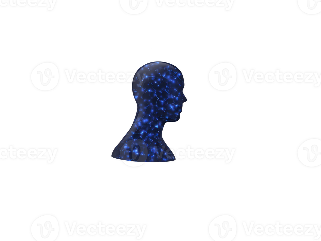 Blue digital human head with glowing neural network connections, symbolizing artificial intelligence and futuristic technology in transparency background png