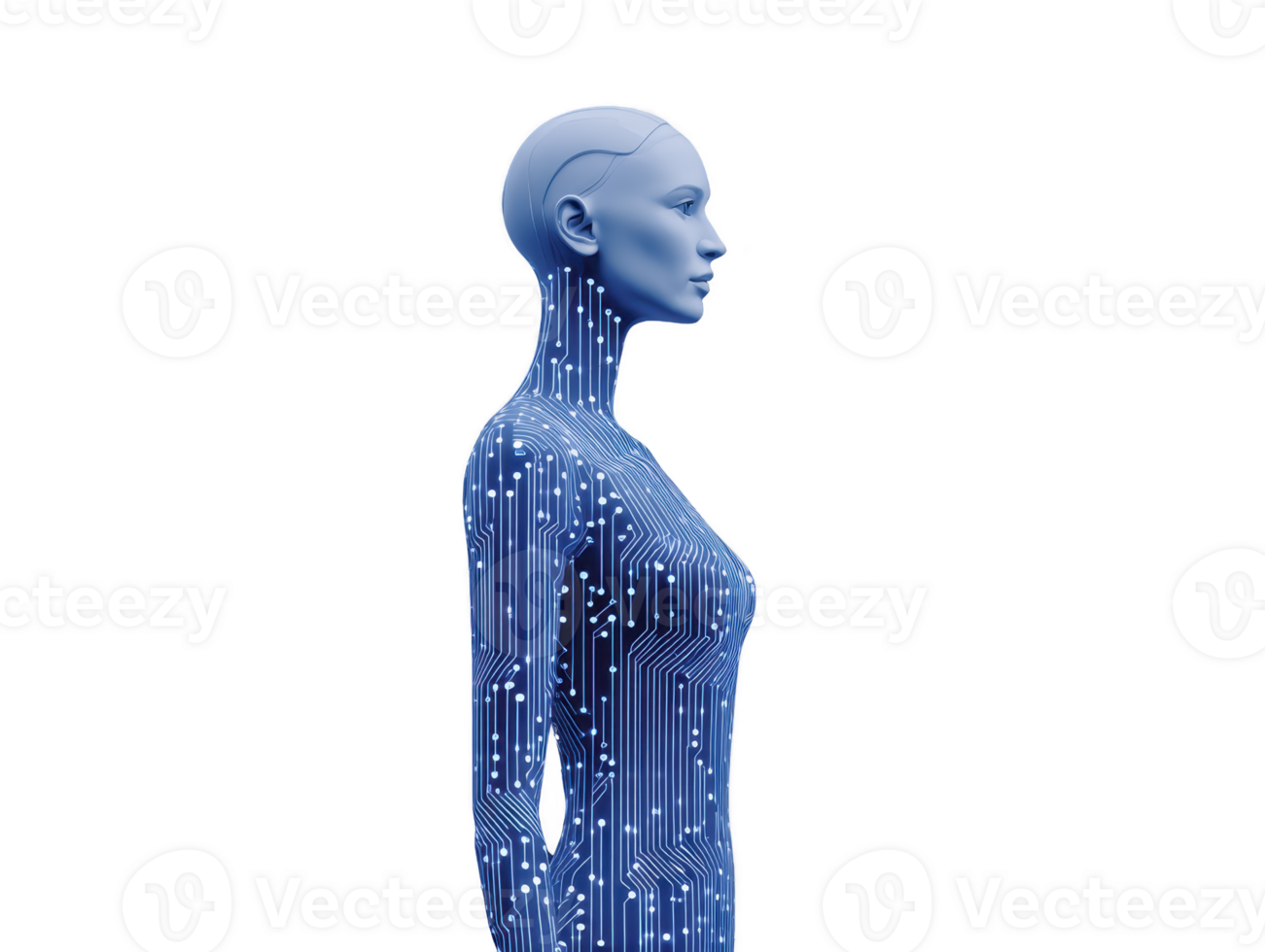 artificiale intelligenza concetto con futuristico femmina robot nel profilo Visualizza, con digitale circuito modelli su blu corpo, simboleggiante tecnologia e innovazione png