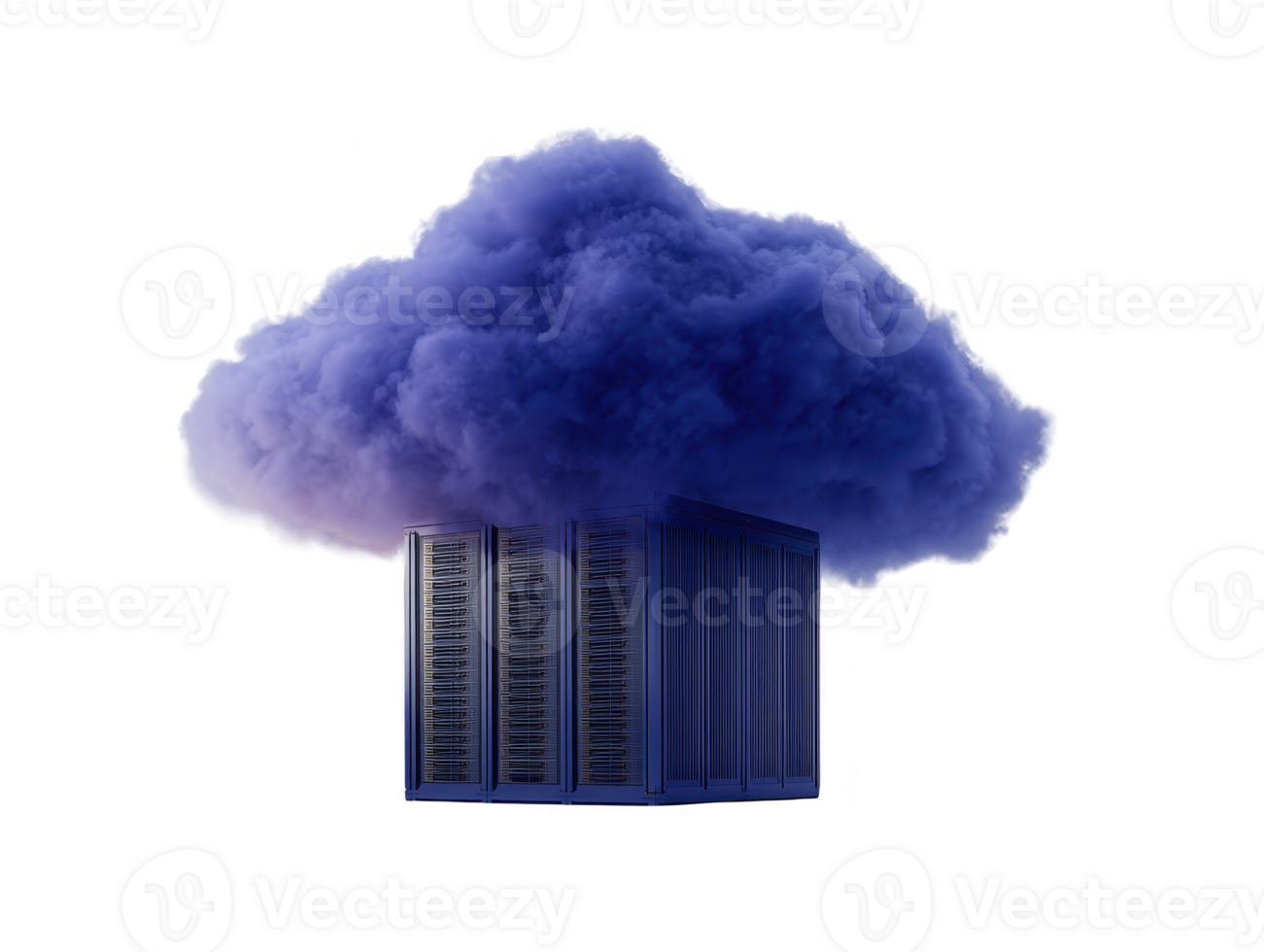 Cloud computing concept with server rack and blue cloud above, symbolizing data storage and digital technology innovation in futuristic style png