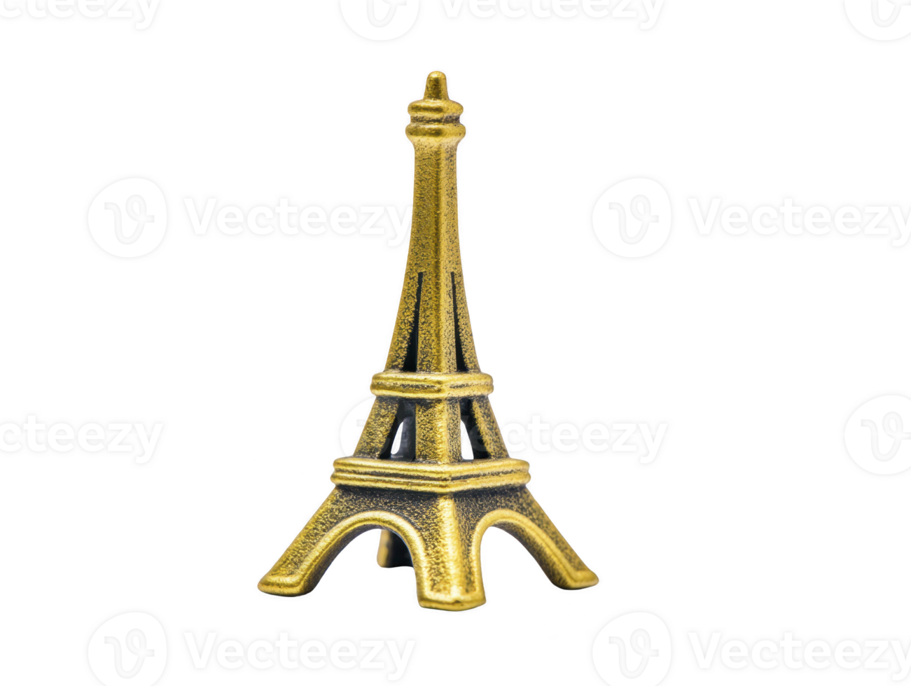 Golden miniature Eiffel Tower souvenir with textured surface isolated on transparency background, symbolizing travel and iconic architecture with elegant metallic finish png