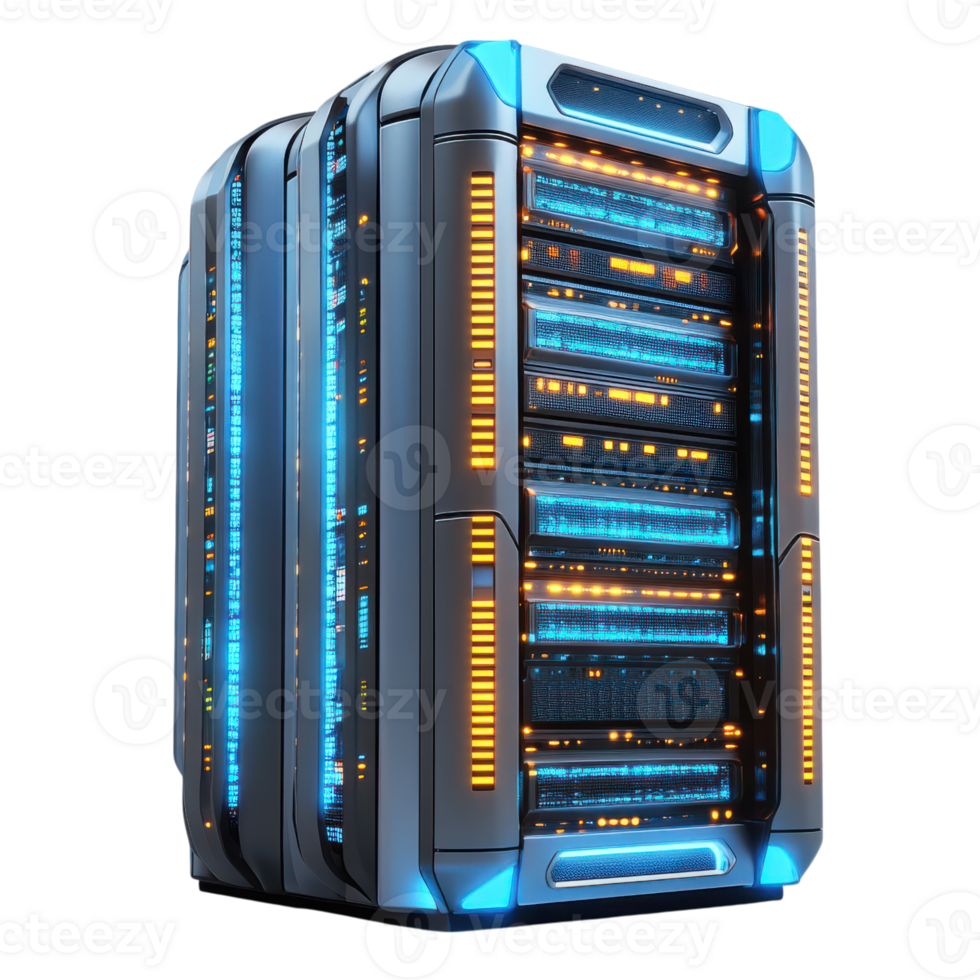 High-tech server rack in a modern data center illuminated by blue and orange lights showcasing advanced technology, Transparent Background png