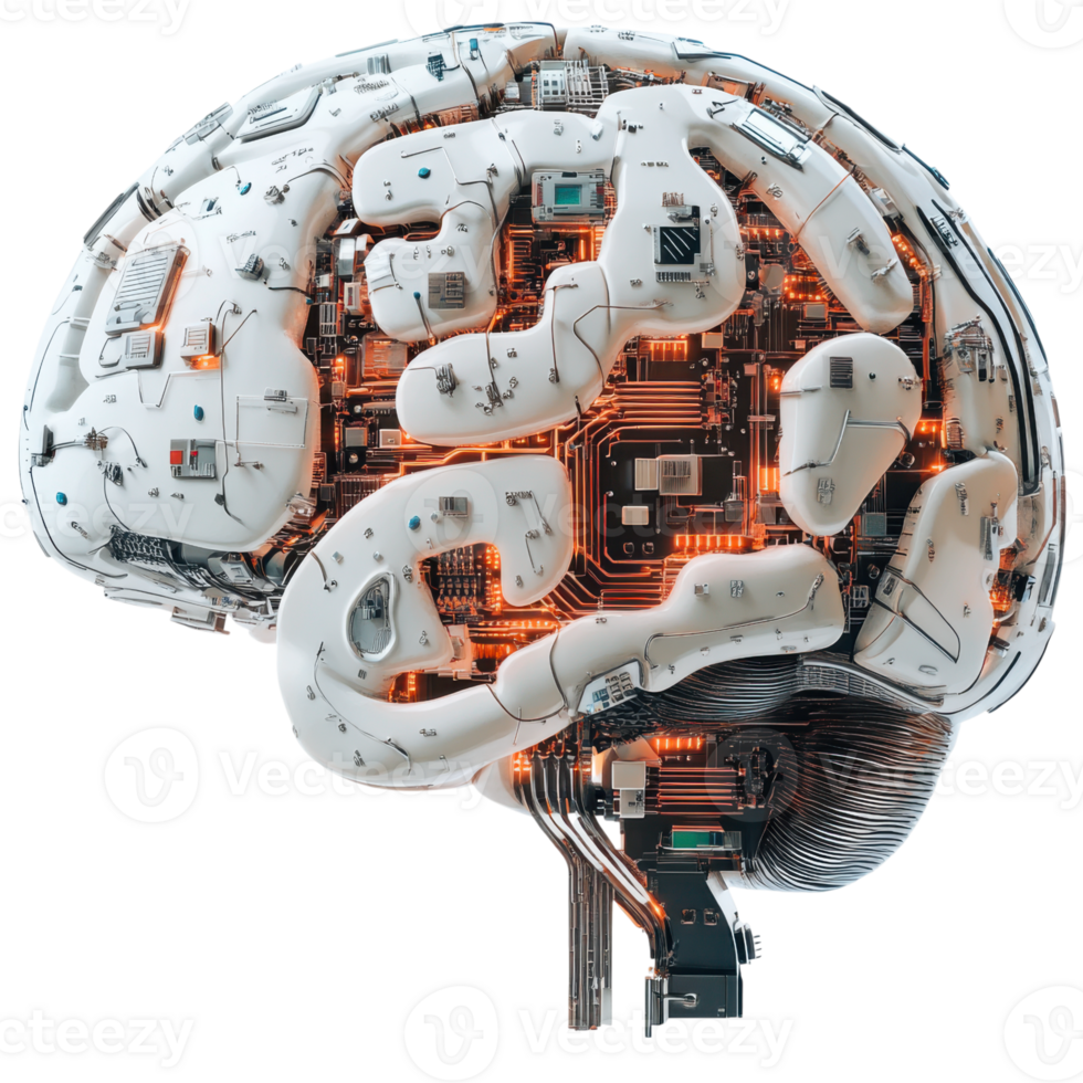 futurista representação do uma humano cérebro entrelaçados com avançado tecnologia dentro uma moderno Projeto ambiente, transparente fundo png