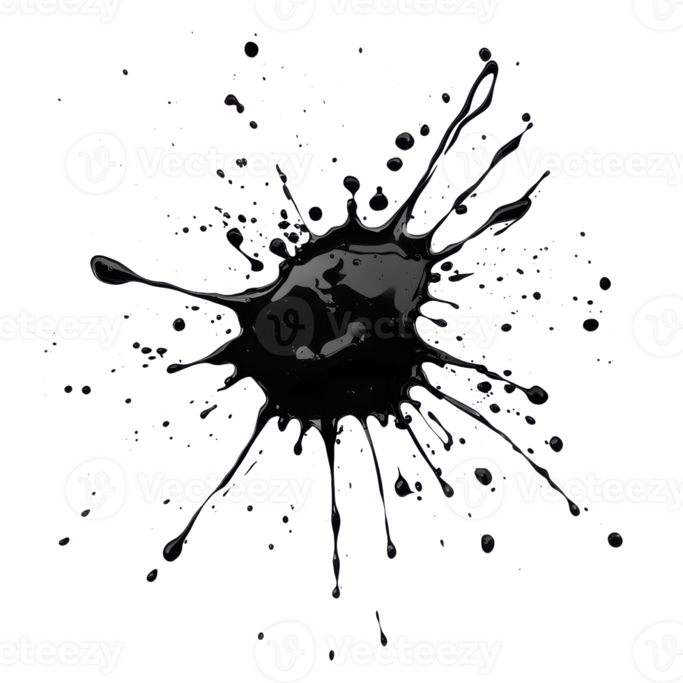 Black paint splash creating dynamic patterns on a clean white background in an artistic manner, Transparent Background png