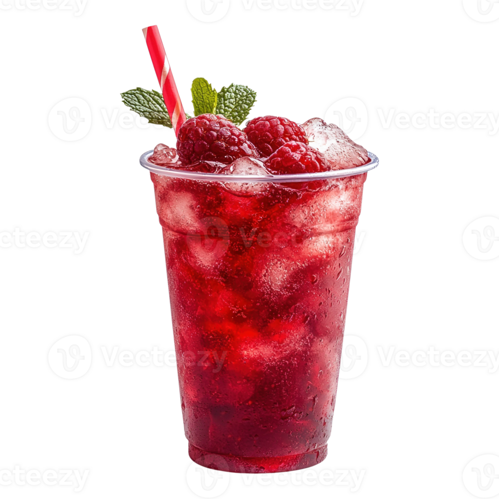 Refreshing raspberry drink with ice and mint garnish on transparent background png