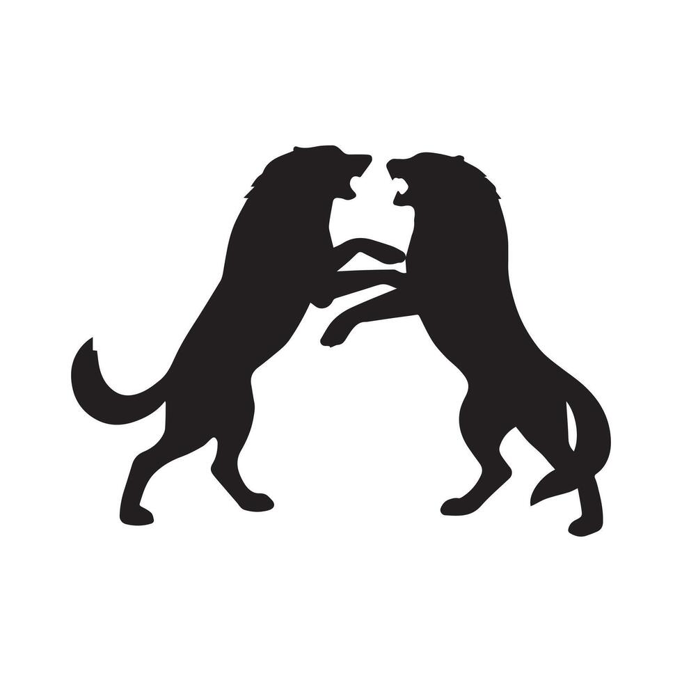 Bold graphic silhouette of two powerful wolves locked in a fierce, dynamic confrontation, symbolizing raw strength, primal instinct, and the untamed spirit of the wild vector