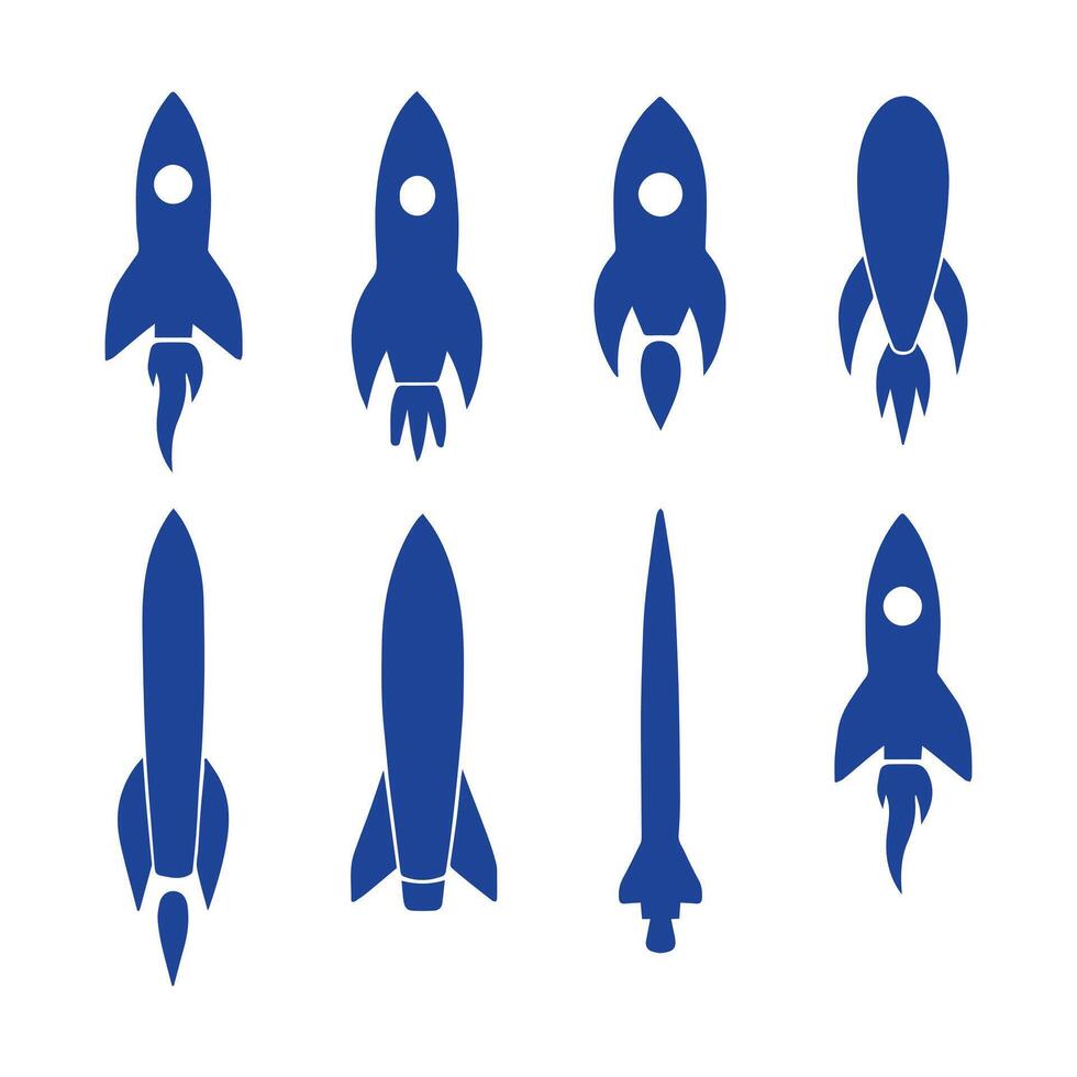 icons of diverse blue rockets, symbolizing powerful launch, innovation, and thrilling space exploration. Ideal for projects about technology, startup growth, and future vision vector
