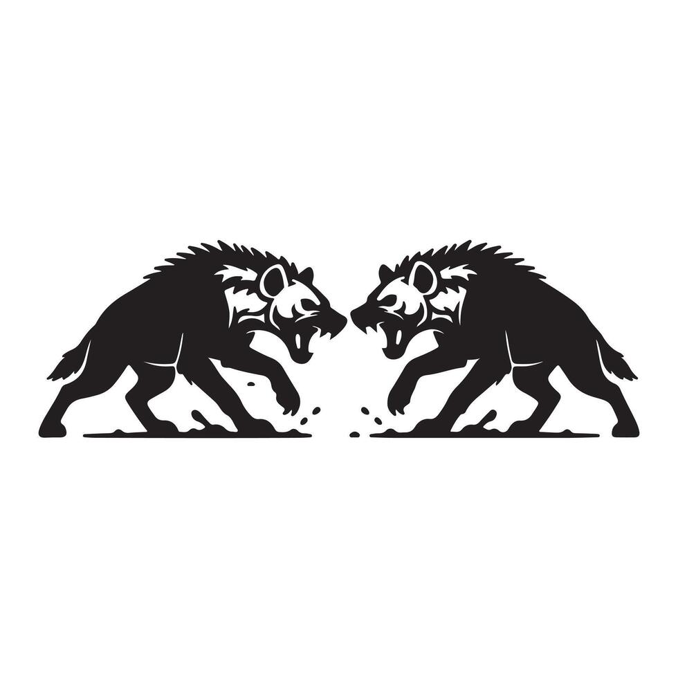 Aggressive stylized hyenas in a fierce confrontation, presented as a dynamic black and white graphic design element, symbolizing strength, rivalry, and wild untamed power vector