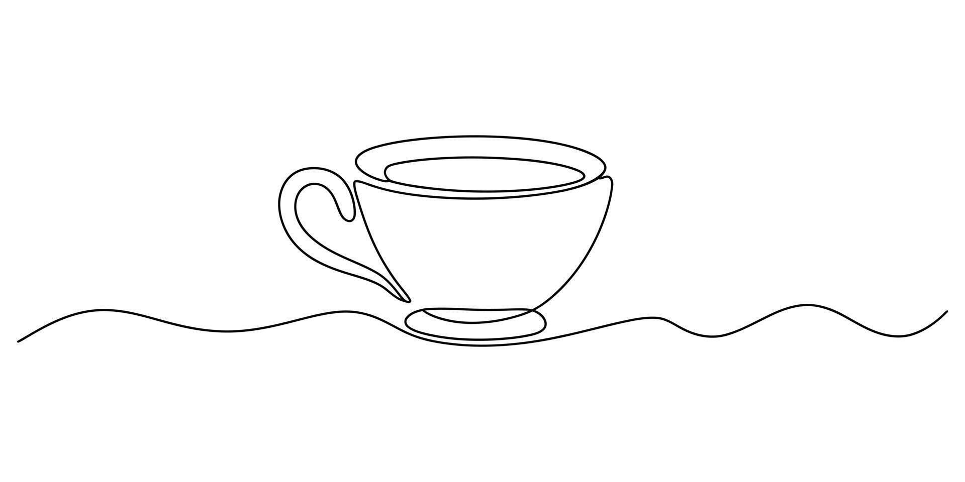A minimalist continuous line drawing of a coffee cup with abstract wavy lines beneath it vector