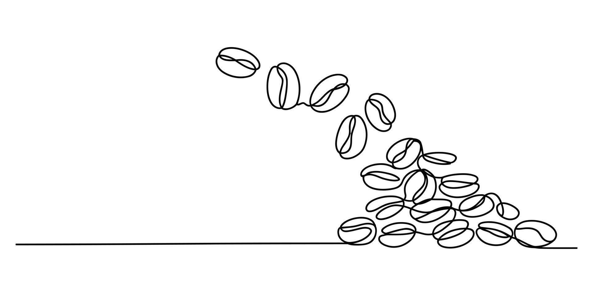 Minimalist continuous line drawing of falling coffee beans creating a pile vector