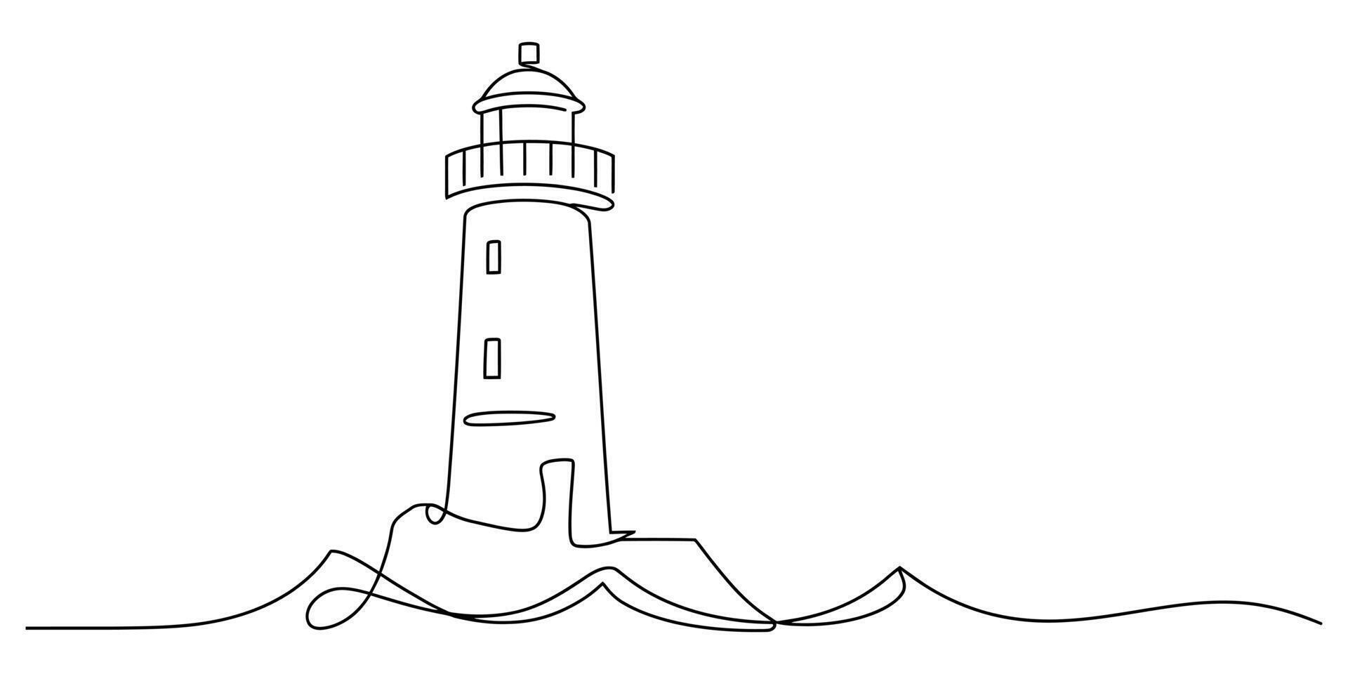 Minimalist continuous line drawing of a lighthouse on rocky shoreline with waves vector
