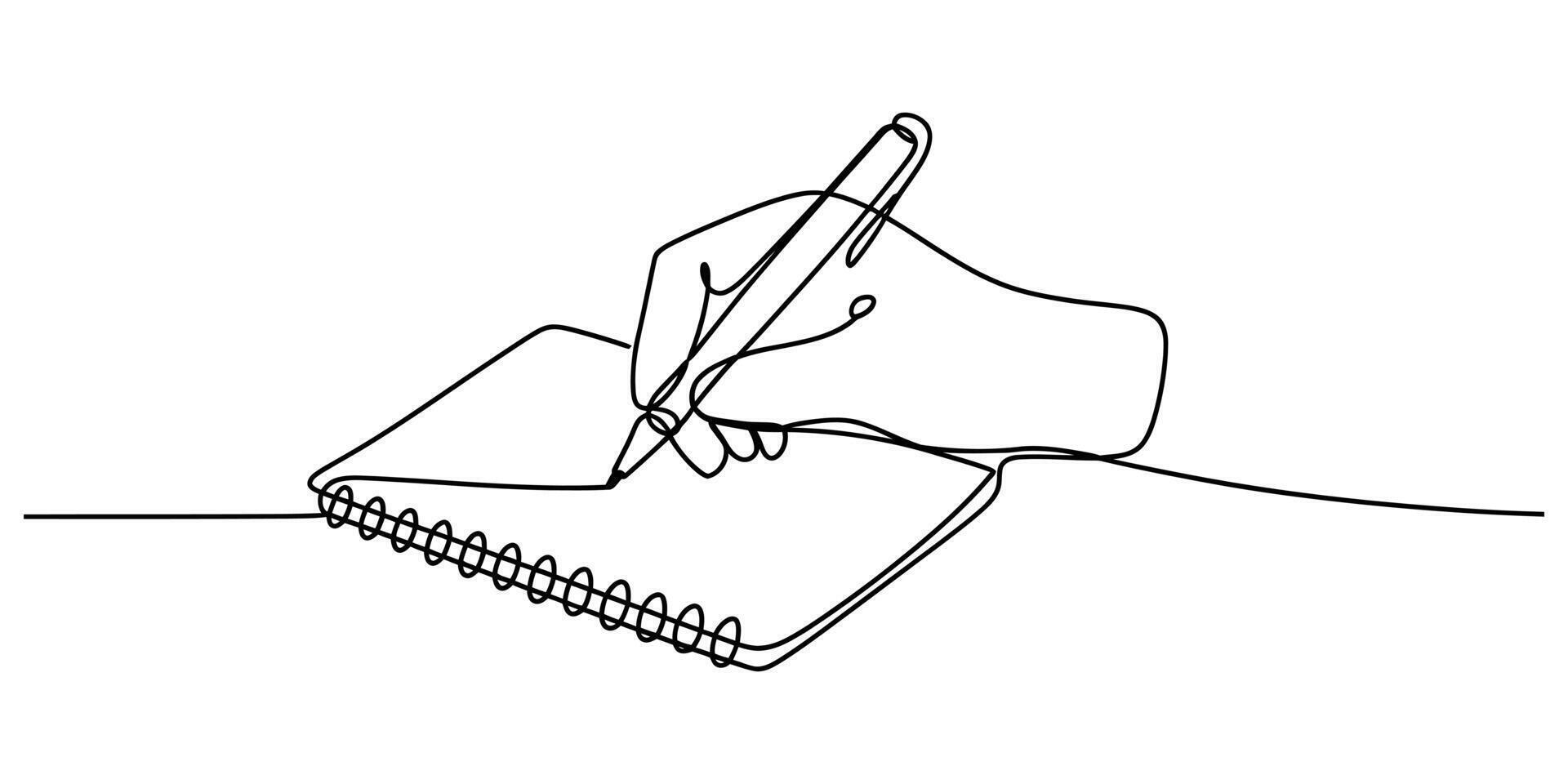 Minimalist continuous line drawing of a hand writing in a notebook vector