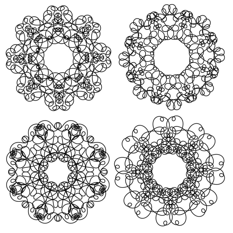 Set of four hand-drawn black circular abstract patterns on a white background in a linear style vector