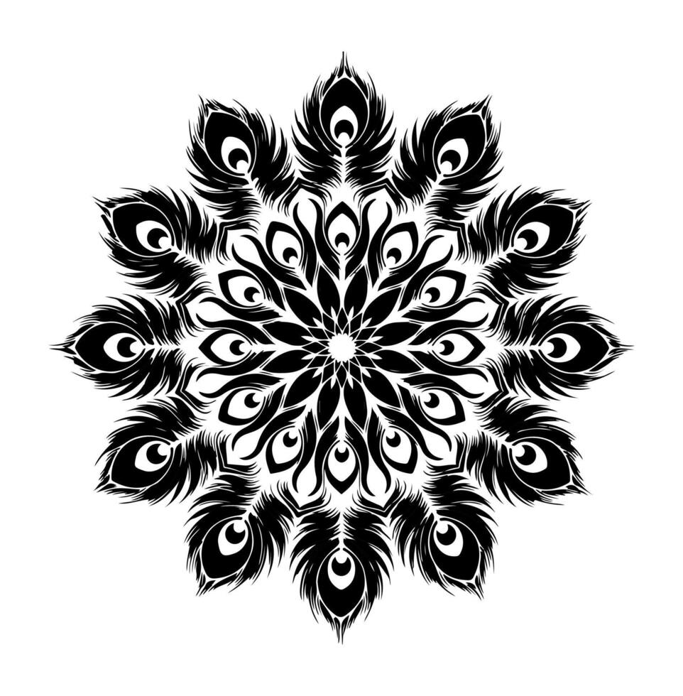 Symmetrical black and white design of peacock feathers arranged in a circular pattern vector