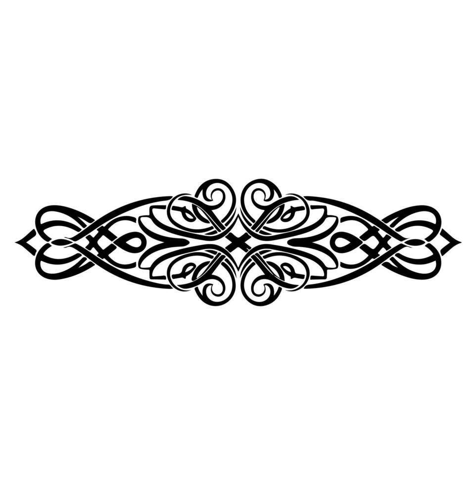 Black, symmetrical, ornamental design featuring intertwined lines, swirls, and knot-like patterns vector