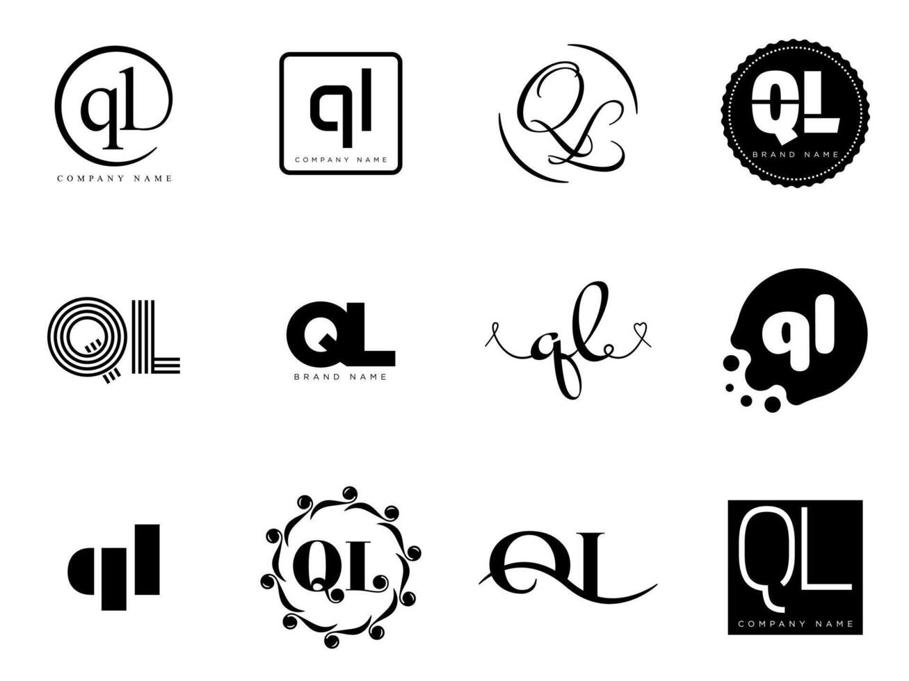 QL logo templat Letter q and l logotype. Set different classic serif lettering and modern bold text with design elements. Initial font typography. vector