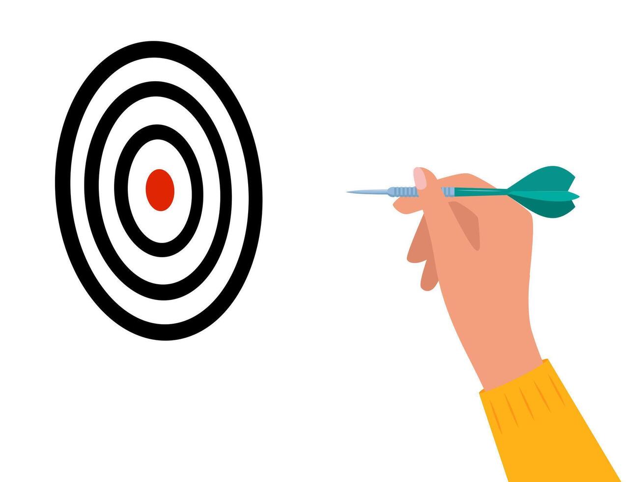 Human hand with tool for playing darts. Dart throw as symbol of success, goal achievement. Hand holding throwing dart with sharp tip. illustration. vector