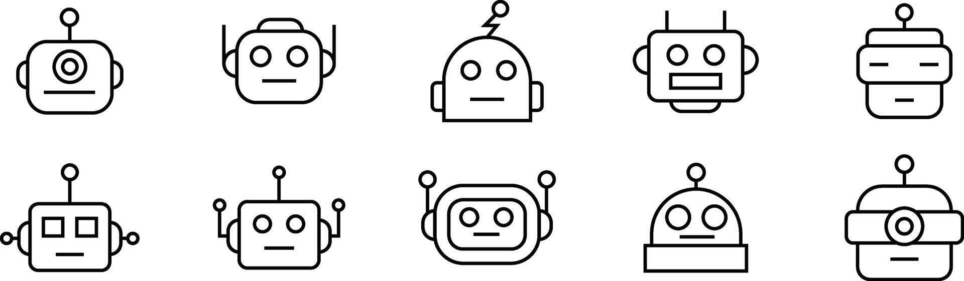 Cute robot face icon collection with various expressions in simple line style representing AI personality and futuristic technology concept vector
