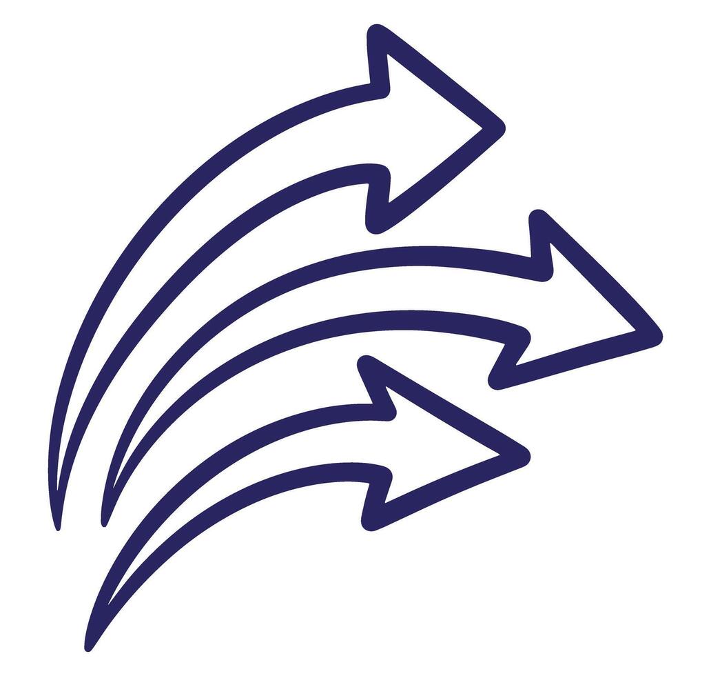 Abstract illustration of three curved arrows pointing towards the same direction in deep blue vector