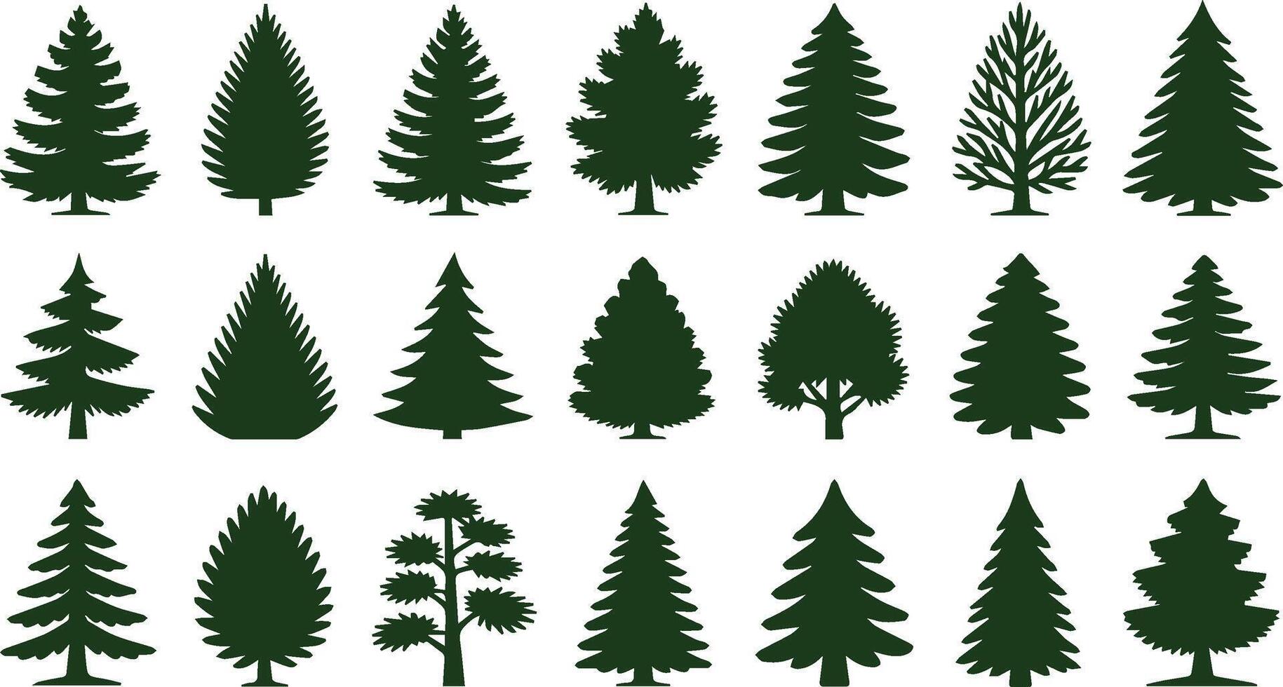 Assorted Evergreen Tree Silhouettes Collection of Different Conifer Tree Illustrations, Dark Green Shade vector