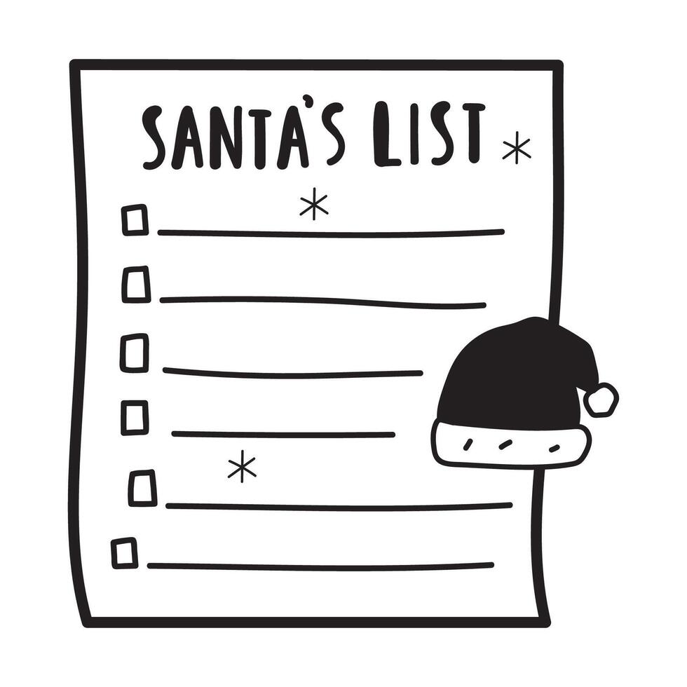 Santa's List Checklist. Outline illustration of a simple holiday document with text and check boxes. Minimal design for Christmas preparation. vector