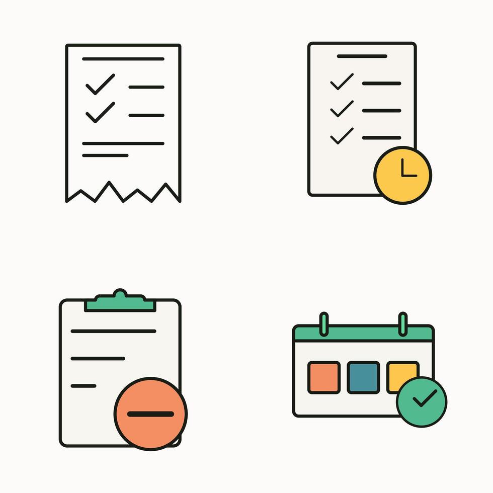 Set of productivity planning icons showing task list, deadline calendar, and daily schedule reminders vector