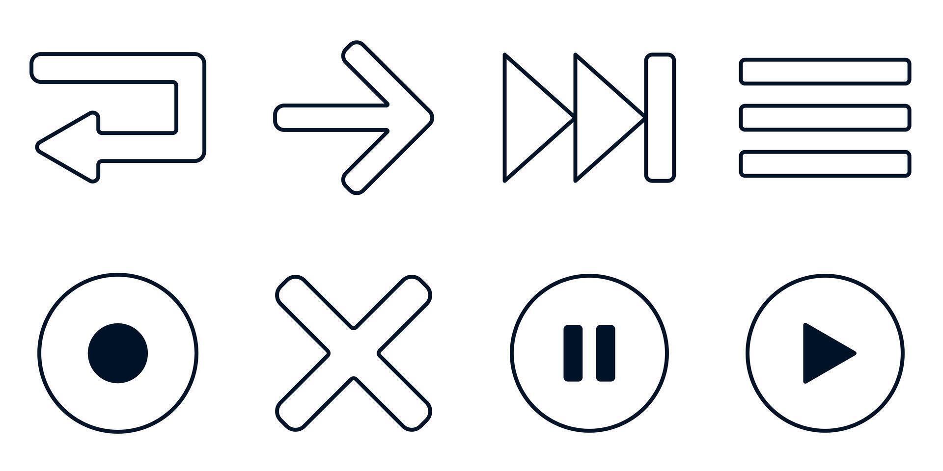 Modern user interface icons in line art design for media player and mobile application navigation vector