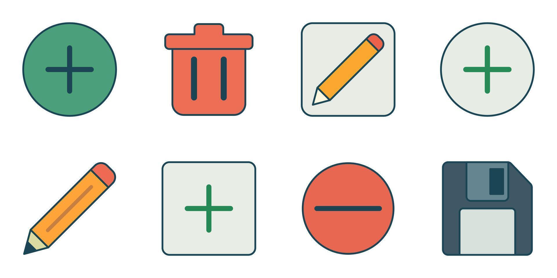 Modern flat design icons for basic app actions like create, remove, write, and save document vector