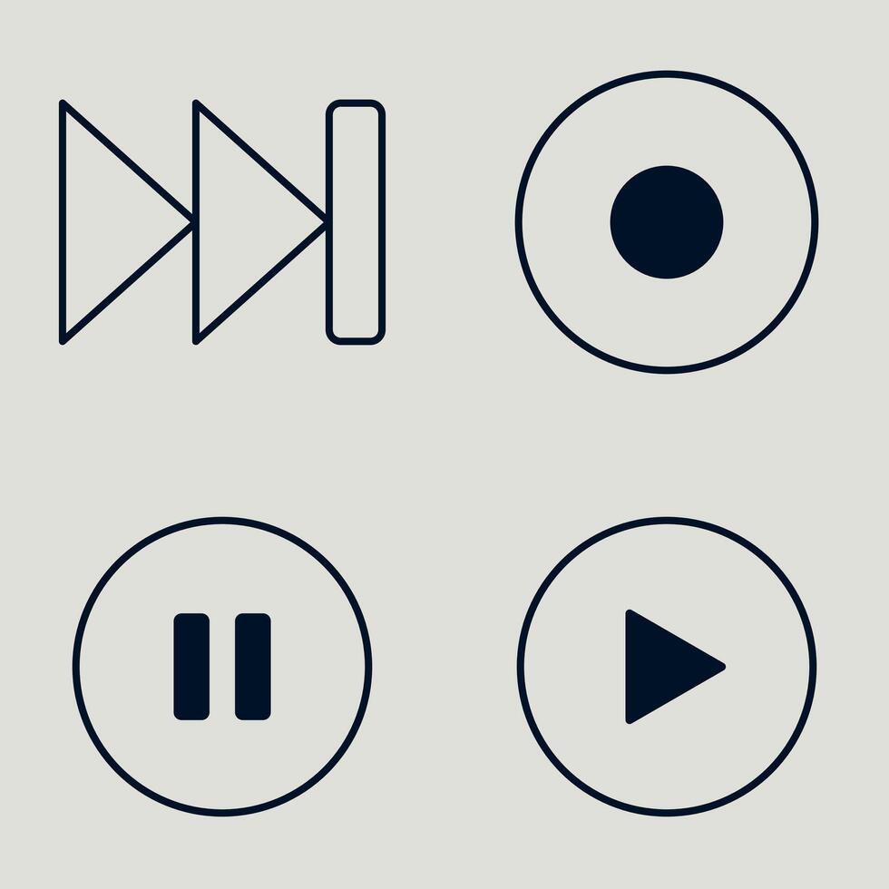 Flat Monochrome Media Button Set with Classic Playback Symbols in Clean Circular Frames on Light Background vector