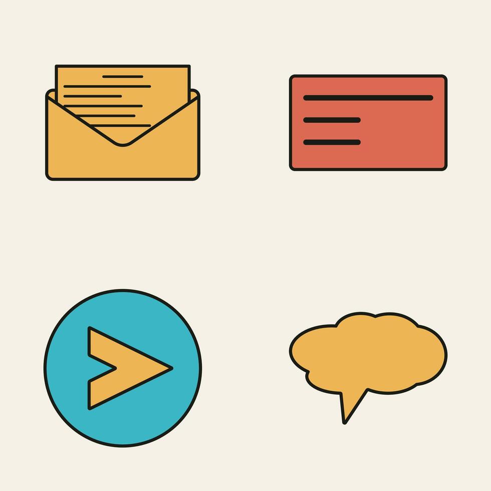 Minimalist Design Icons with Yellow Envelope Containing Letter, Red Text Box, Blue Circle with Arrowhead, and Yellow Speech Cloud vector