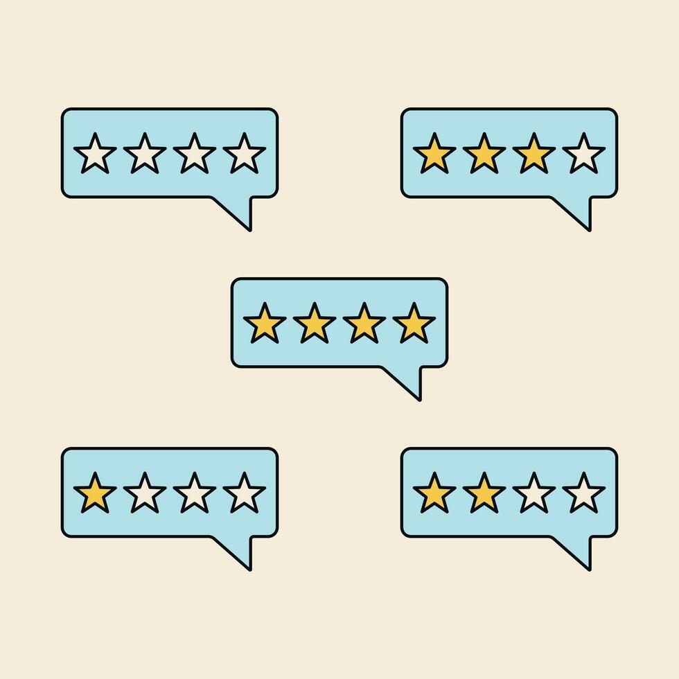 Flat illustration of multiple speech bubbles containing 1- to 4-star ratings, representing customer feedback, reviews, or product evaluations vector