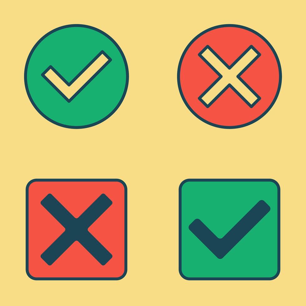 Modern Flat Style Confirmation and Rejection Icons with Bold Outlines and Soft Background Colors vector