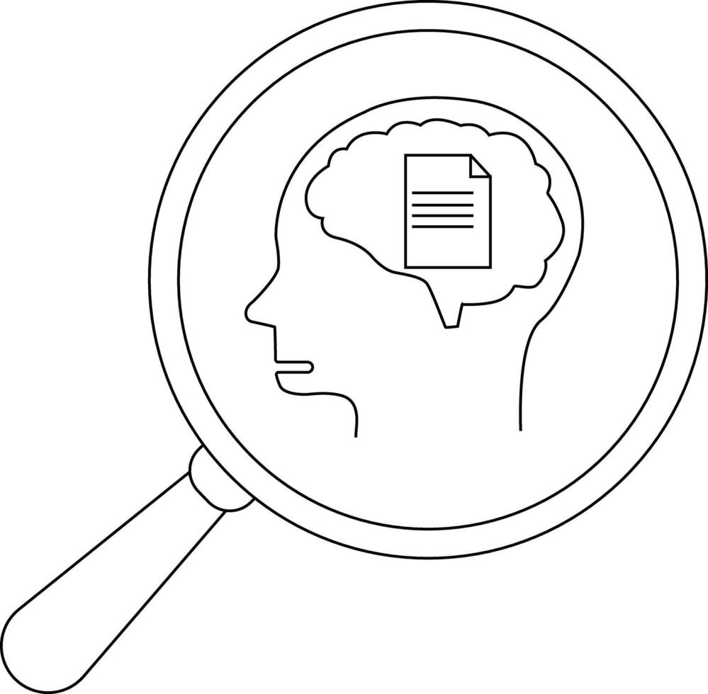 A magnifying glass reveals a profile containing a brain with a document icon inside vector
