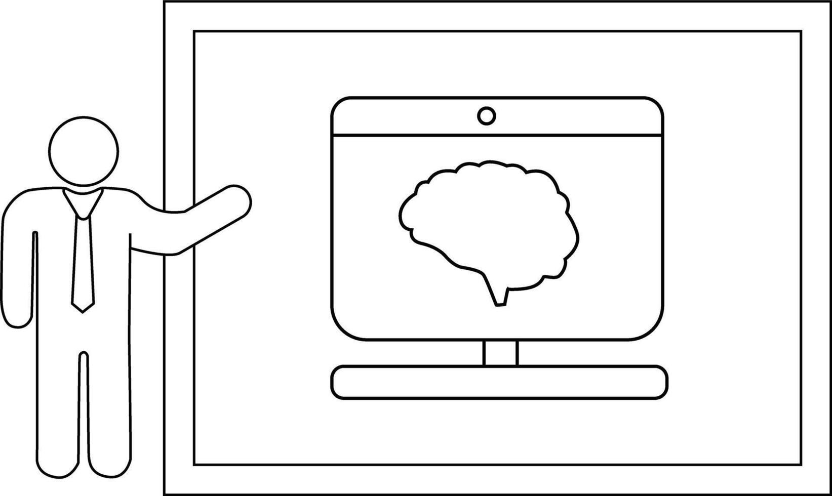 Line art shows a presenter pointing to a screen displaying a brain vector