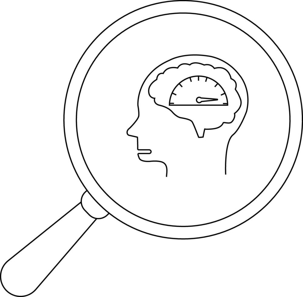 A magnifying glass reveals a profile of a head with a brain displaying a gauge vector