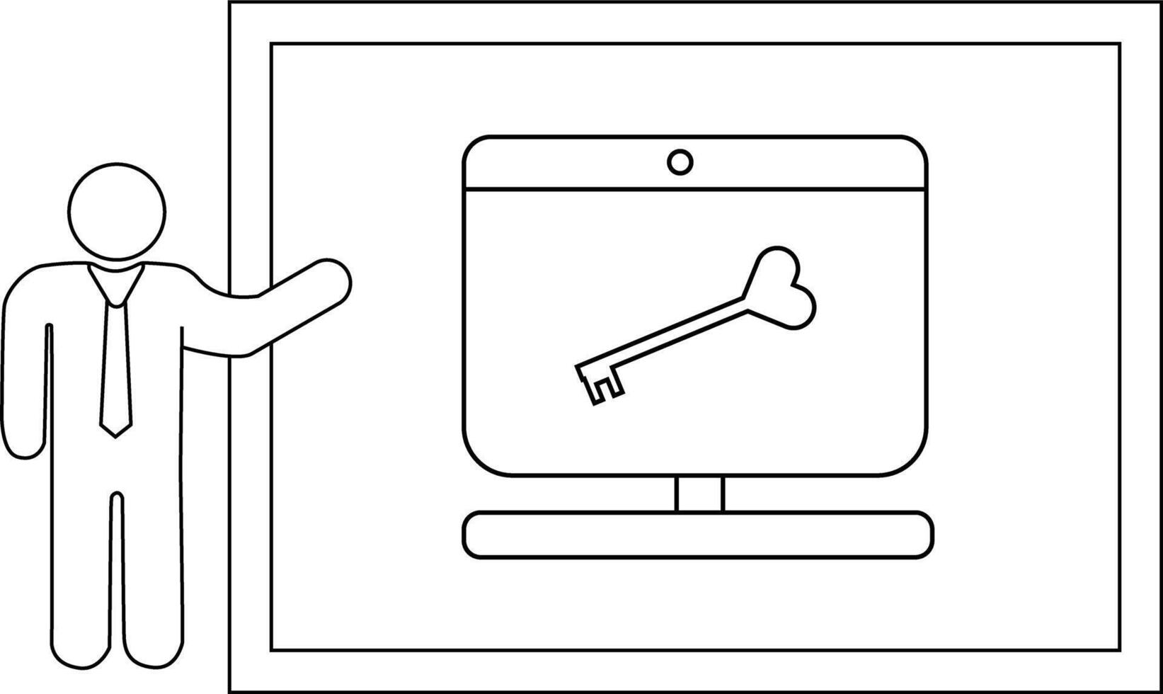 un persona en un traje soportes junto a un enmarcado imagen de un computadora monitor mostrando un llave vector